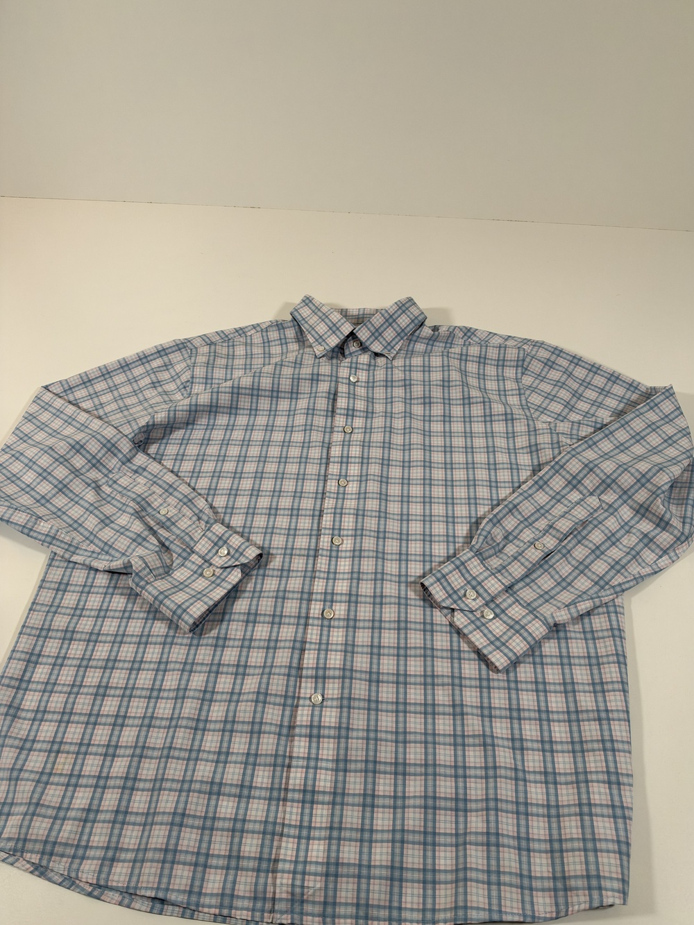 Peter Millar Shirt Mens XL Blue Pink Plaid Crown Crafted Button Down L/S FLAW
